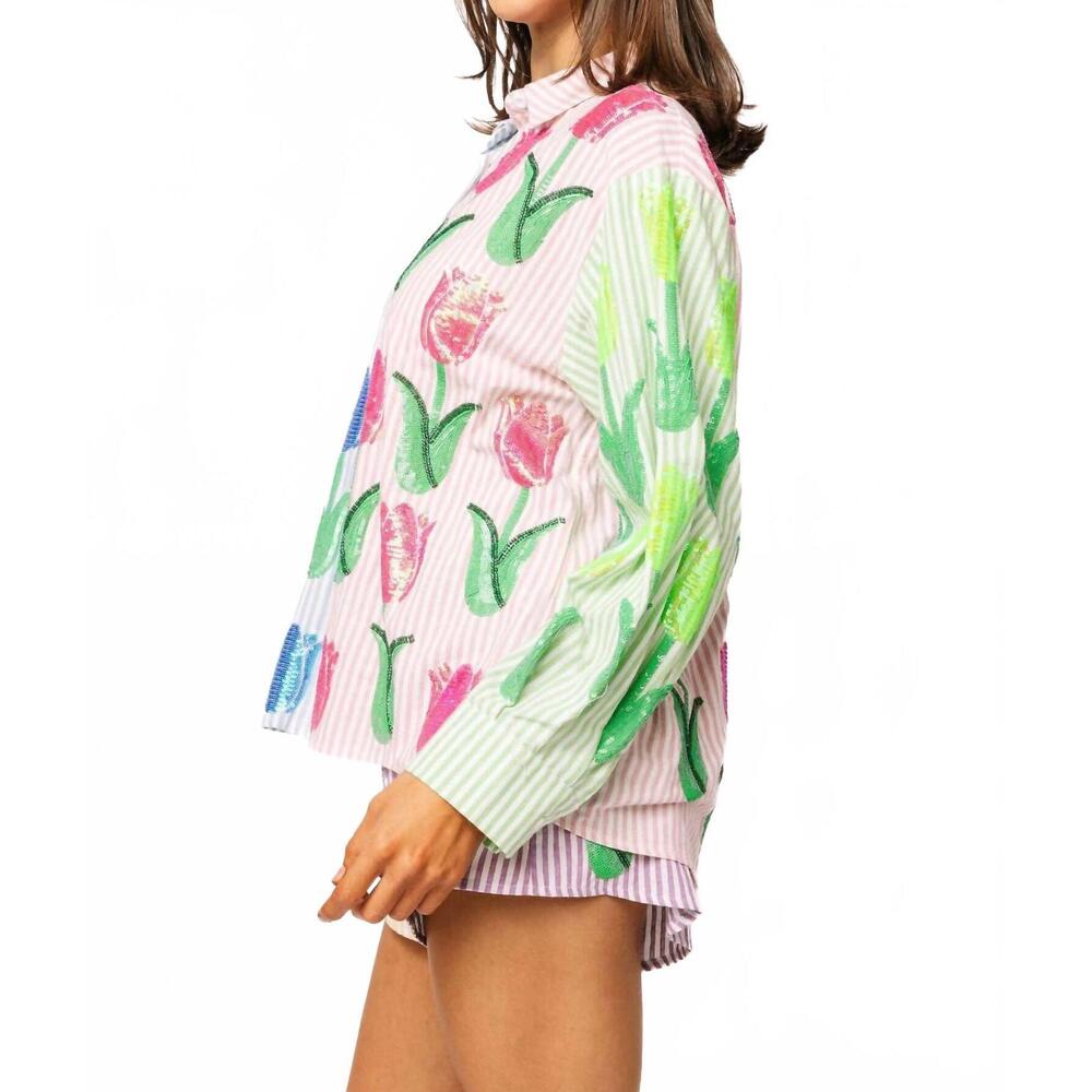 NEW QUEEN OF SPARKLES striped sequin tulip button up long sleeve top - Picture 4 of 5